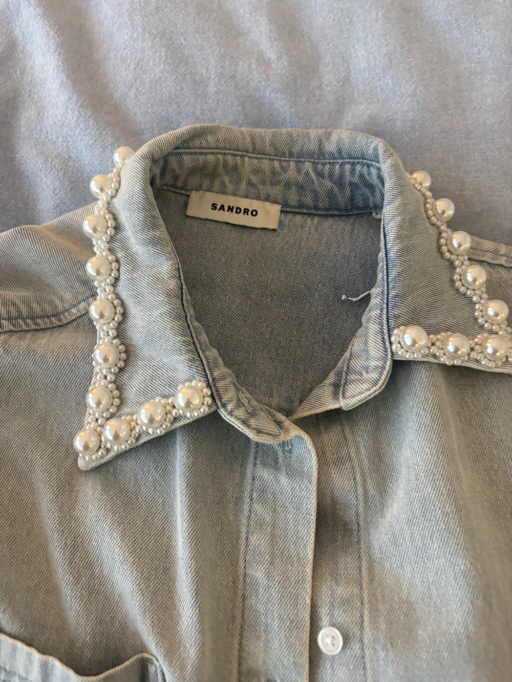Sandro Light Blue cropped denim shirt with pearl collar details - Picture 3 of 6